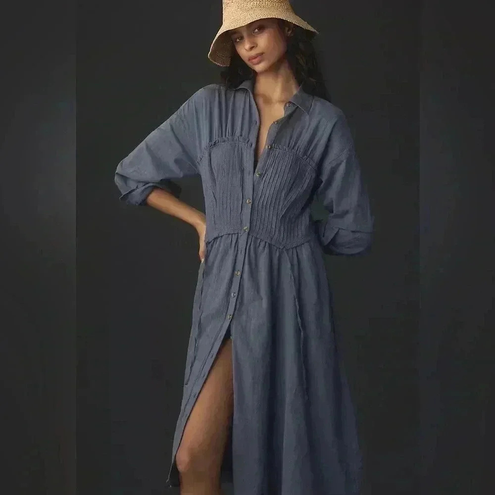 Anthropologie Slate Blue Button-Front Midi Dress